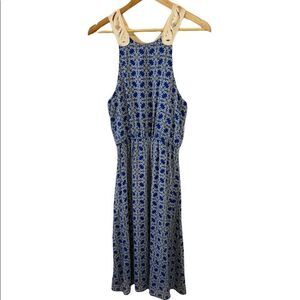 Blue Patterned Crochet Back Gathered Waist Long Dress M